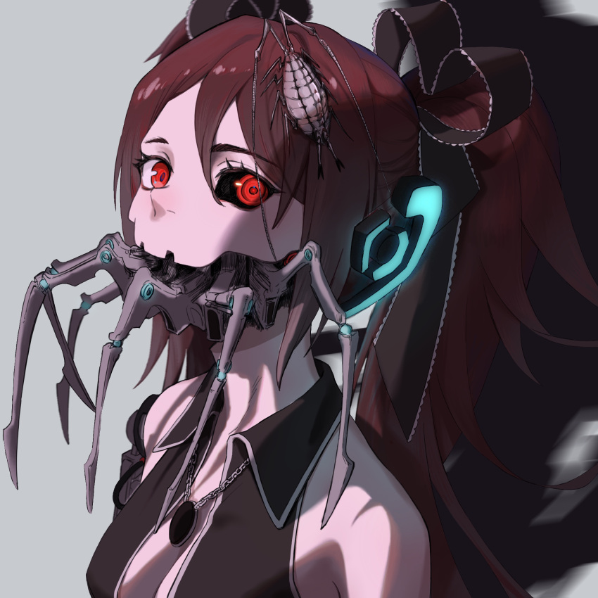 1girl android animal_on_head baige059 bare_shoulders black_gemstone black_ribbon black_sclera black_shirt breasts brown_hair ca_(maeda_koutarou) calne_ca_(deino) chain_necklace cleavage collared_shirt colored_sclera hair_between_eyes hair_ribbon halter_shirt halterneck highres isopod jewelry long_hair looking_at_viewer mandibles mechanical_arms medium_breasts nato-kun necklace on_head portrait red_eyes ribbon saikin_osen_-_bacterial_contamination_-_(vocaloid) shirt single_mechanical_arm sleeveless sleeveless_shirt solo twintails