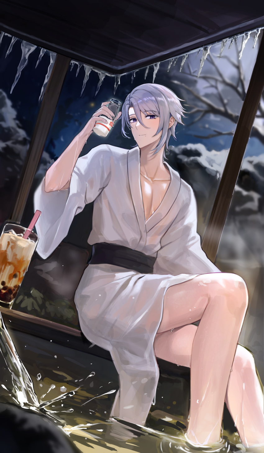 1boy absurdres bare_legs blue_hair bottle bubble_tea closed_mouth emong genshin_impact glass hair_between_eyes highres holding holding_bottle japanese_clothes kamisato_ayato kimono long_sleeves looking_at_viewer male_focus milk night onsen purple_eyes smile solo water wet white_kimono