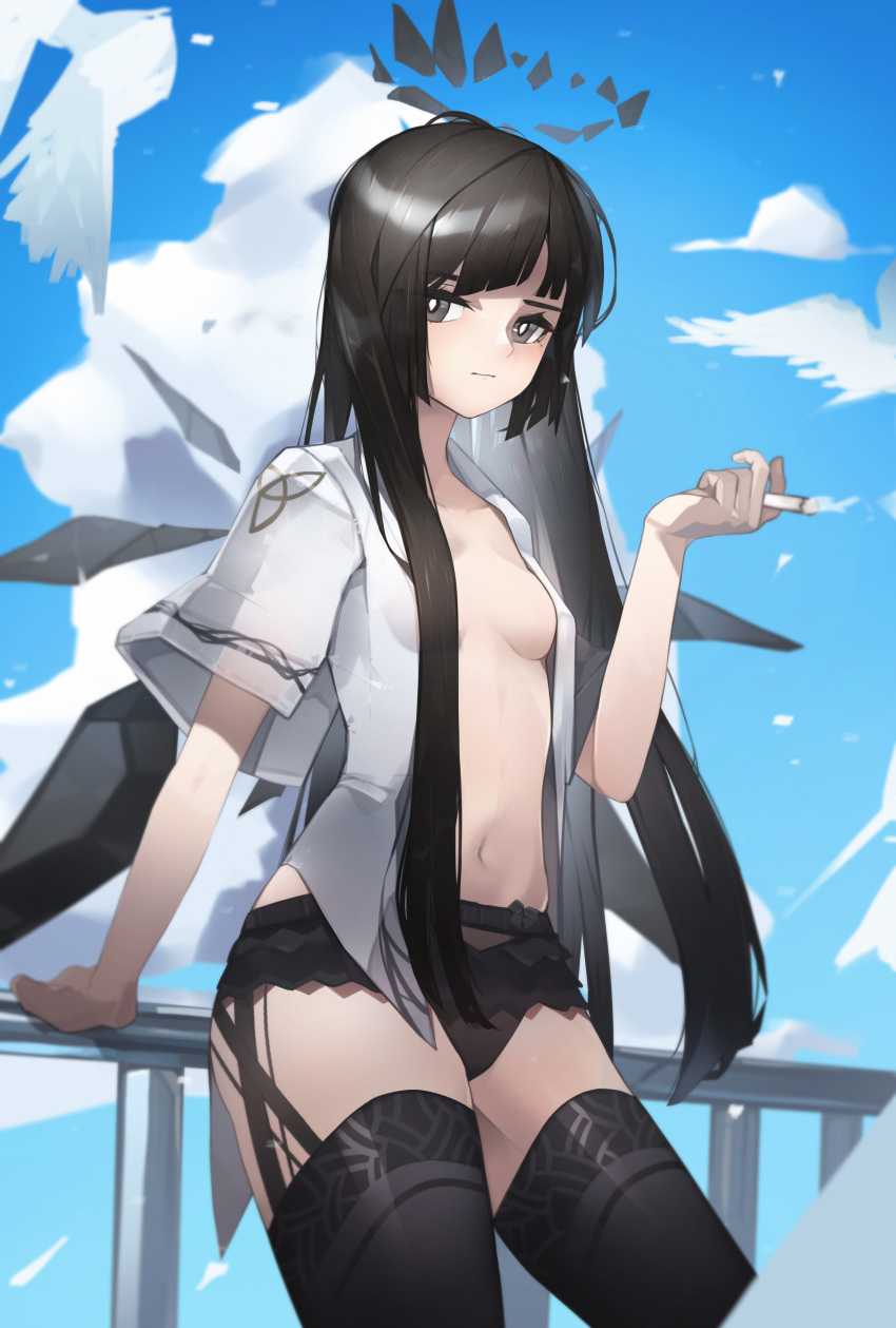 1girl absurdres arknights black_hair black_panties black_thighhighs blue_sky bright_pupils cigarette cloud commentary day grey_eyes hand_up highres holding holding_cigarette long_hair looking_at_viewer navel open_clothes open_shirt panties plabit railing shirt sky solo stomach thighhighs thighs underwear very_long_hair virtuosa_(arknights) white_pupils white_shirt