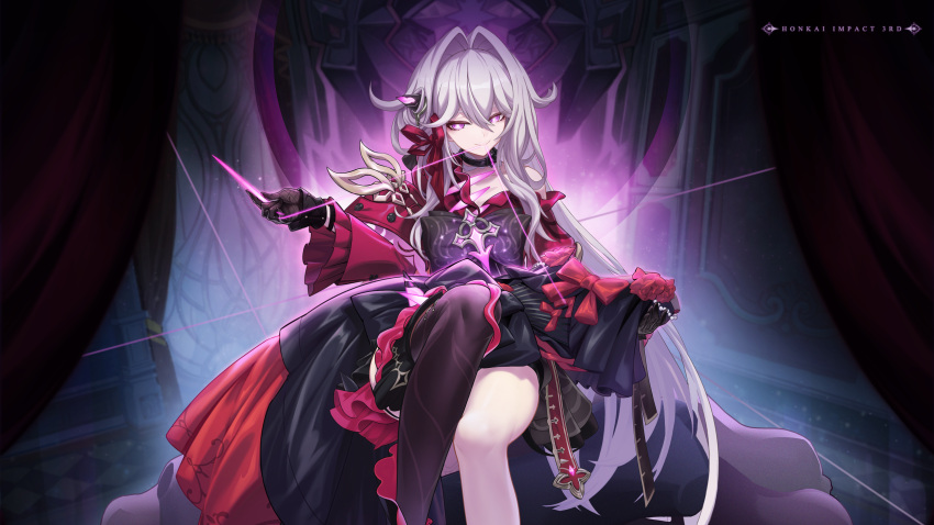 1girl aura bad_source black_choker black_gloves black_pantyhose bright_pupils choker cross crossed_legs dark_aura dark_background gloves hair_ornament highres holding holding_string honkai_(series) honkai_impact_3rd jacket long_hair long_sleeves naughty_face official_art official_wallpaper pantyhose purple_eyes purple_ribbon red_jacket ribbon ribbon_hair_ornament second-party_source smile solo string string_in_mouth thelema_(honkai_impact) very_long_hair white_hair white_pupils