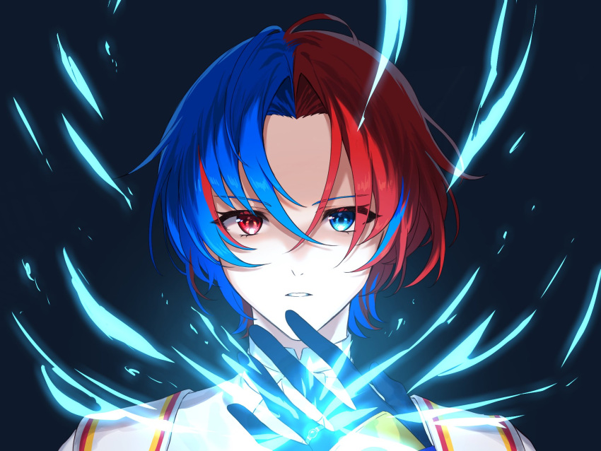 1boy alear_(fire_emblem) alear_(male)_(fire_emblem) blue_eyes blue_hair crossed_bangs emblem_ring fire_emblem fire_emblem_engage heterochromia highres looking_at_viewer male_focus multicolored_hair red_eyes red_hair split-color_hair tomo_shirasu two-tone_hair