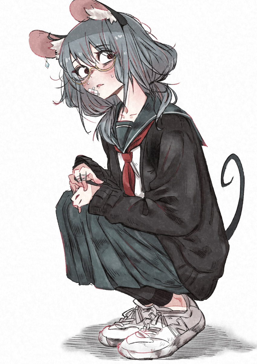 1girl alternate_costume animal_ear_fluff animal_ears bandaid bandaid_on_cheek bandaid_on_face bandaid_on_hand bespectacled blush cardigan constricted_pupils deal360acv ear_piercing full_body glasses grey_hair highres long_hair long_skirt long_sleeves looking_to_the_side low_twintails messy_hair mouse_ears mouse_girl mouse_tail nazrin neckerchief pants pants_under_skirt piercing red_eyes school_uniform serafuku skirt solo squatting sweat tail touhou twintails