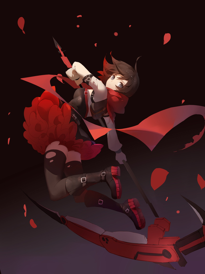 absurdres bangs bare_shoulders belt_boots black_footwear black_hair black_legwear blue_eyes boots breasts closed_mouth crescent_rose expressionless floating_hair full_body highres holding holding_weapon knee_boots looking_at_viewer medium_breasts petals red_flowers red_scarf ruby_rose rwby scarf scythe solo swept_bangs thighhighs thighs torn_clothes torn_legwear weapon