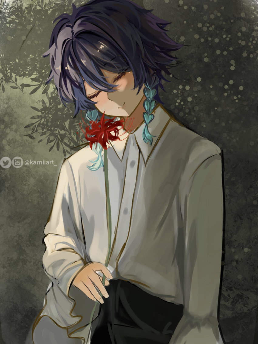 1boy artist_name black_pants blue_hair blush closed_eyes closed_mouth collar collared_shirt flower genshin_impact highres holding holding_flower instagram_logo instagram_username kamiiart male_focus pants puffy_sleeves shirt spider_lily twitter_logo twitter_username venti_(genshin_impact) white_shirt