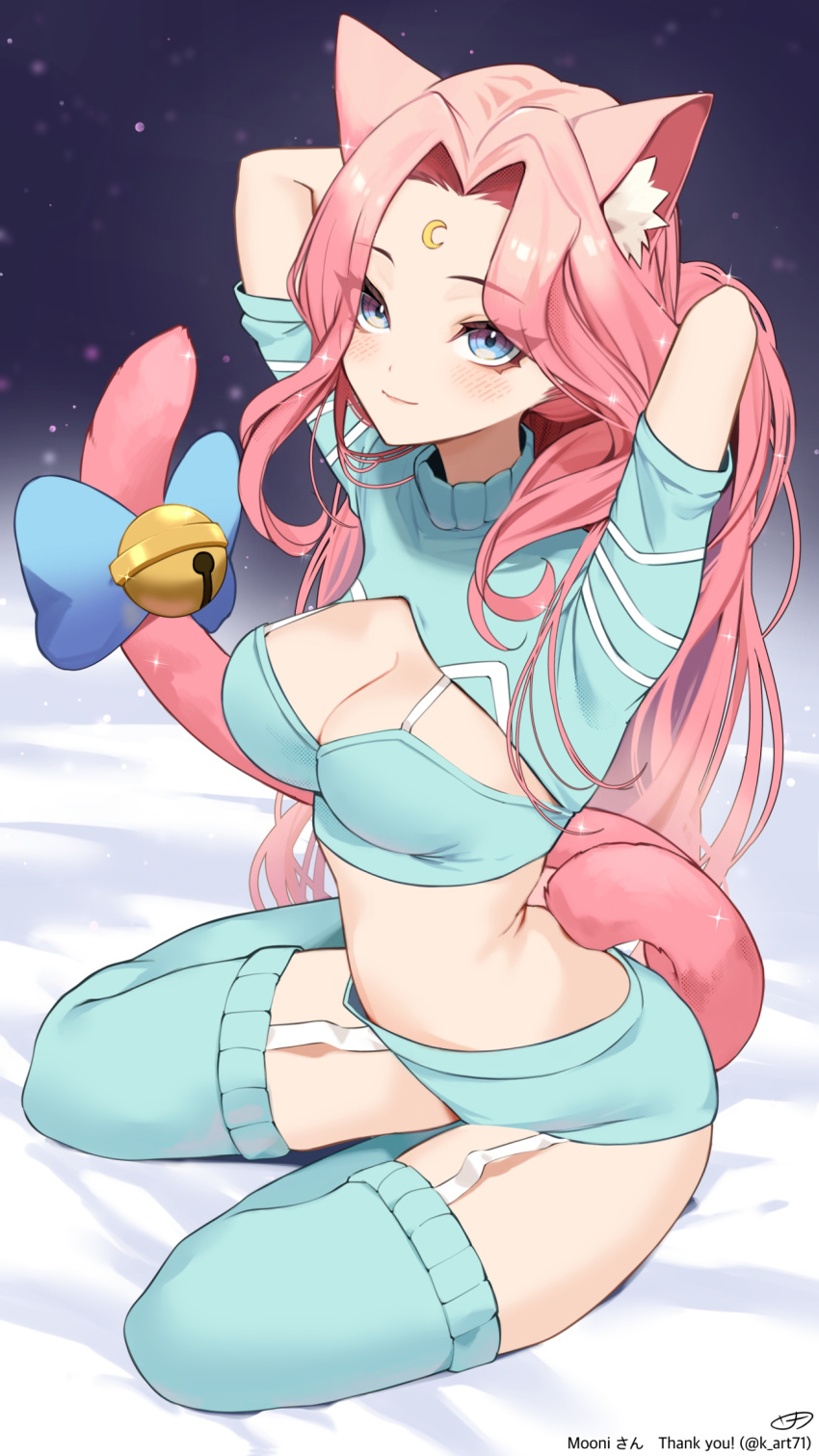 1girl animal_ears arms_behind_head bell blue_eyes blue_skirt blue_sweater blue_thighhighs breasts cat_ears cat_girl cat_tail cleavage cleavage_cutout closed_mouth clothing_cutout commission crescent cropped_sweater garter_straps highres indie_virtual_youtuber k_(art71) meowmoonified miniskirt pink_hair skeb_commission skirt solo sweater tail tail_bell tail_ornament thighhighs virtual_youtuber white_garter_straps