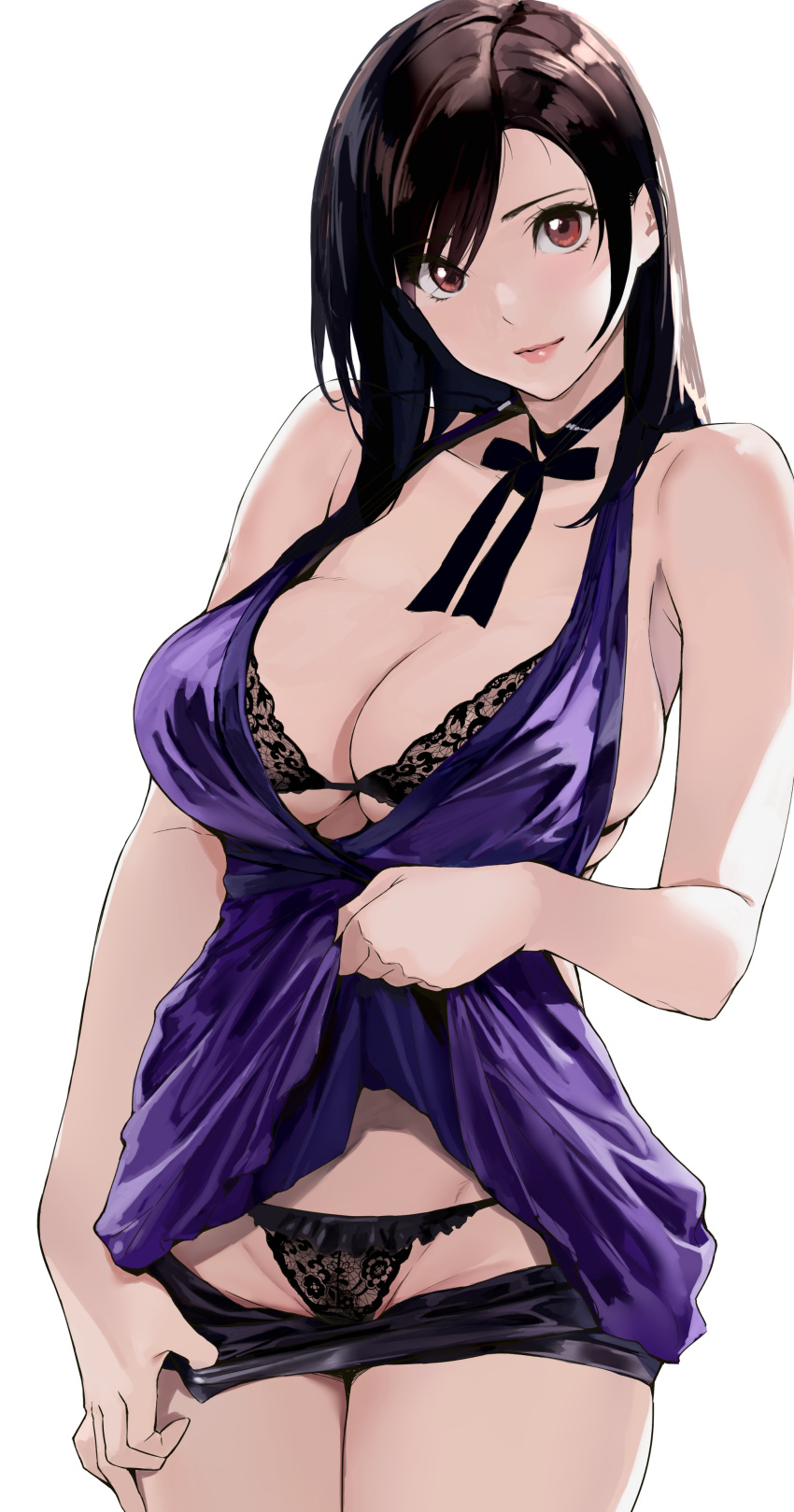 1girl absurdres bare_shoulders black_bra black_hair black_panties bra breasts choker cleavage clothes_lift clothes_pull dress dress_lift final_fantasy final_fantasy_vii final_fantasy_vii_remake highres large_breasts long_hair looking_at_viewer official_alternate_costume panties pulled_by_self purple_dress red_eyes ribbon_choker short_shorts shorts shorts_pull shorts_under_dress sideboob skindentation sleeveless sleeveless_dress smile solo tifa_lockhart tifa_lockhart_(refined_dress) underwear yamaishi_(mukoubuti)