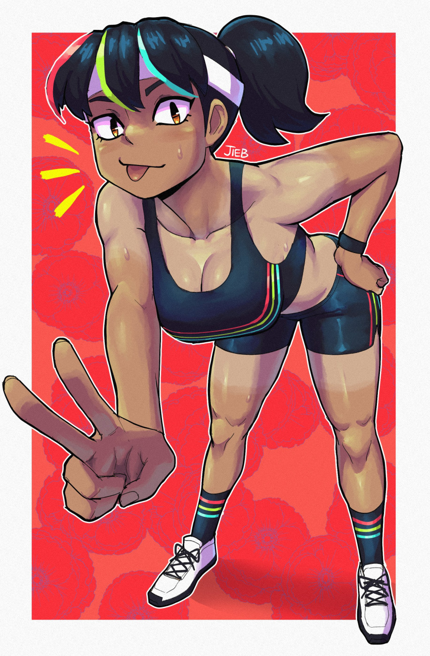 1girl :p absurdres artist_name black_hair black_sports_bra border breasts brown_eyes dark-skinned_female dark_skin dolphin_shorts english_commentary full_body headband highres leaning_forward looking_at_viewer medium_breasts multicolored_hair muscular original ponytail shoes shorts smile socks solo sports_bra sportswear standing tan tanlines the_jieb tongue tongue_out v white_headband yeet-chan_(the_jieb)