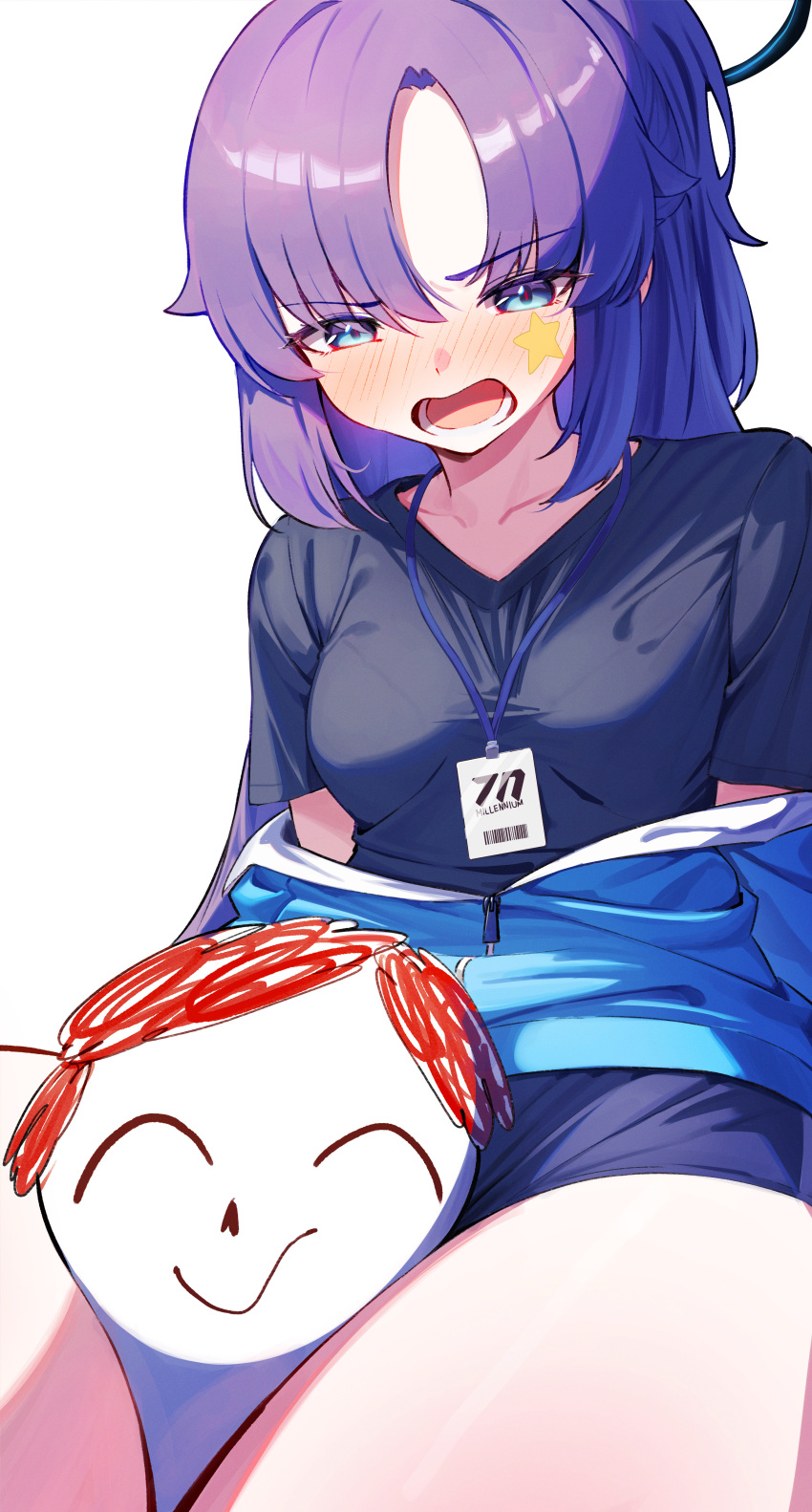 1girl absurdres black_shirt blue_archive blue_buruma blue_eyes blue_jacket blush breasts buruma collarbone doodle_sensei_(blue_archive) embarrassed facial_mark head_between_thighs highres jacket lanyard long_hair lower_teeth_only nose_blush off_shoulder official_alternate_costume open_mouth parted_bangs purple_hair pyytato red_pupils sensei_(blue_archive) shirt short_sleeves star_(symbol) star_facial_mark teeth thighs yuuka_(blue_archive) yuuka_(track)_(blue_archive)