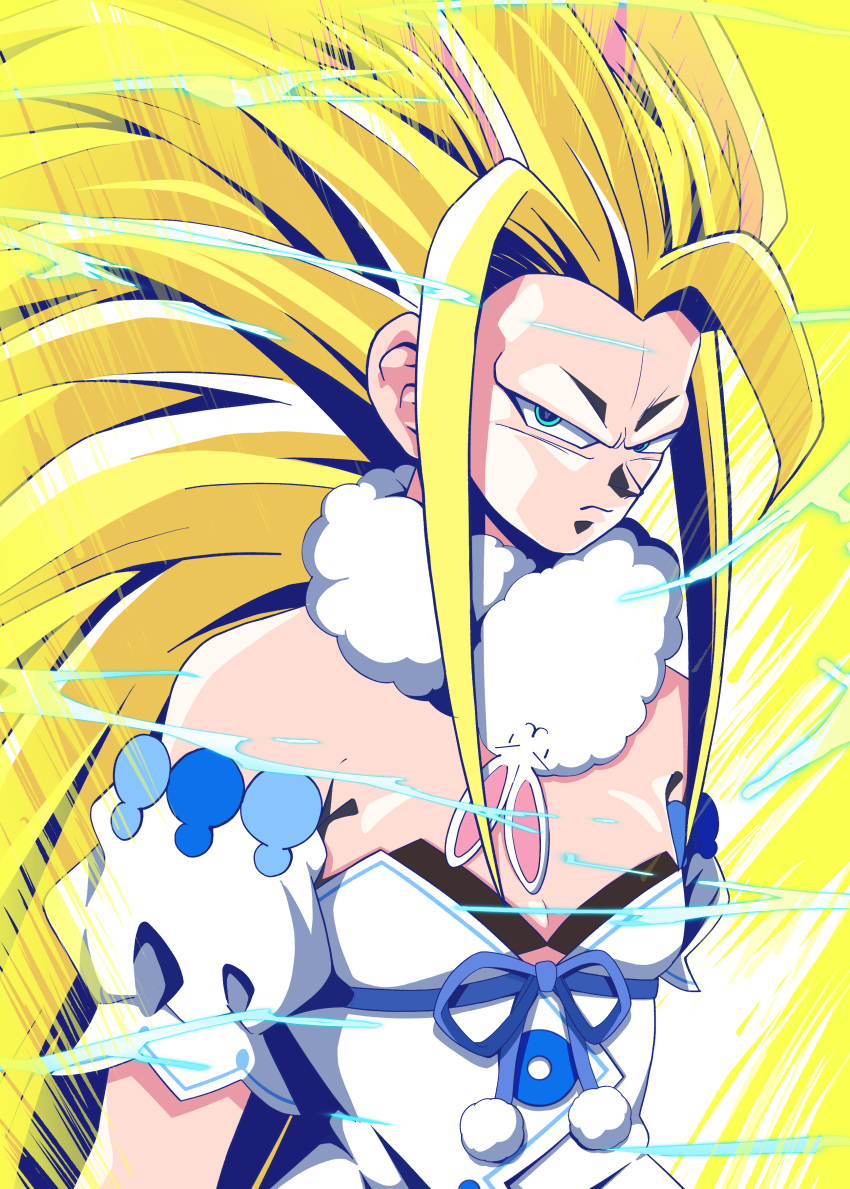 1girl absurdres aura black_leotard blonde_hair breasts dragon_ball dragon_ball_z dress electricity fur-trimmed_dress fur_trim green_eyes highres hololive leotard leotard_under_clothes long_bangs long_hair looking_at_viewer no_eyebrows small_breasts spiked_hair super_saiyan super_saiyan_3 takapyon_higashi usada_pekora usada_pekora_(1st_costume) virtual_youtuber white_dress