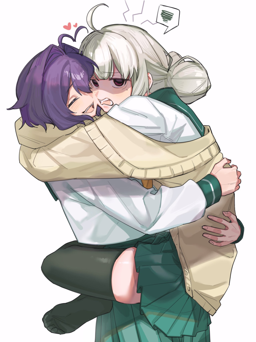 2girls :d ahoge araga_kiwi arms_around_back arms_around_neck black_thighhighs cardigan carrying carrying_person closed_eyes commentary double_bun face-to-face green_sailor_collar green_skirt hair_between_eyes hair_bun hair_up happy heads_together heart heart_ahoge highres hiiragi_utena hug jitome leg_lock long_hair long_sleeves loving_aura mahou_shoujo_ni_akogarete mole mole_under_eye multiple_girls no_shoes notice_lines off_shoulder open_mouth pleated_skirt purple_hair raised_eyebrows red_eyes saiki_(mumei_912) sailor_collar school_uniform serafuku shaded_face shirt short_hair simple_background skirt smile soles spoken_squiggle squiggle standing standing_leg_lock teeth thighhighs toes unamused wavy_hair wavy_mouth white_background white_hair white_shirt yellow_cardigan zettai_ryouiki