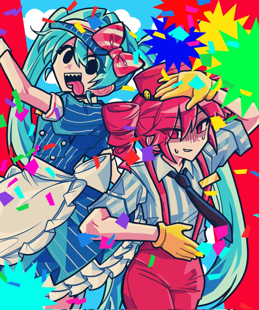 2girls arm_up black_eyes black_mouth blue_dress blue_hair buttons confetti double-breasted dress drill_hair frilled_dress frills gloves hat hatsune_miku highres kasane_teto long_hair looking_at_viewer mesmerizer_(vocaloid) multiple_girls open_mouth pants pink_eyes pink_hair pink_hat pink_pants pinstripe_dress pinstripe_pattern puffy_short_sleeves puffy_sleeves seriyaki110 sharp_teeth shirt short_sleeves smile striped_clothes striped_shirt suspenders teeth tongue tongue_out tridecagram twin_drills twintails utau very_long_hair vocaloid waitress yellow_gloves