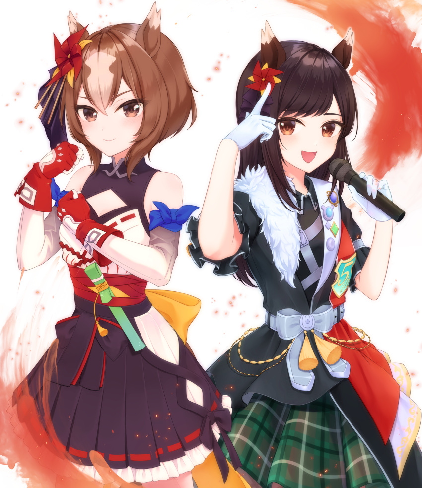 2girls absurdres animal_ears black_hair bow brown_eyes brown_hair ear_ornament frilled_skirt frills gloves happy highres hinohara_ayumi horse_ears horse_girl medium_hair microphone multicolored_hair multiple_girls pinwheel_hair_ornament short_hair skirt splendor_of_onyx_(umamusume) two-tone_hair umamusume voice_actor yaeno_muteki_(umamusume) yellow_bow yumako