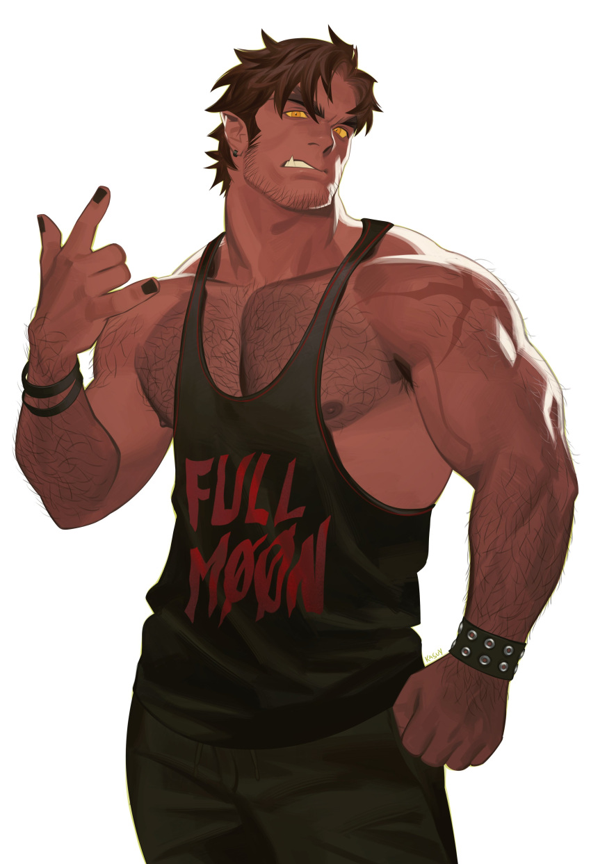 1boy \m/ absurdres all_saints_street armpit_peek bara black_nails brown_hair clenched_hand colored_sclera colored_skin commission cross_scar david_(all_saints_street) earrings facial_hair fang fenrir_(fenwolf) highres jewelry large_pectorals looking_at_viewer male_focus mr_kasuy muscular muscular_male nipples pectorals pointy_ears red_skin scar scar_on_shoulder short_hair sideburns signature simple_background solo sparse_arm_hair sparse_chest_hair stringer stubble white_background wristband yellow_eyes yellow_sclera