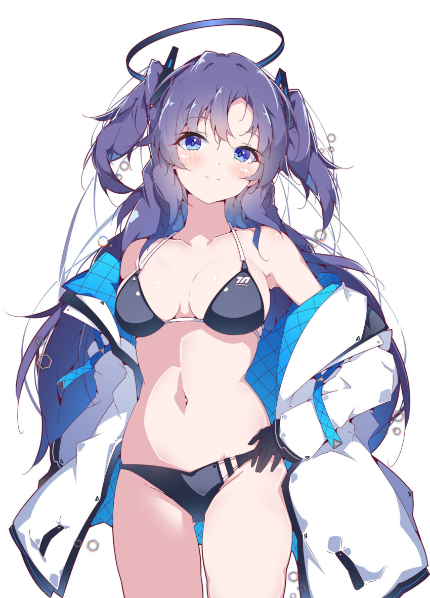 1girl alternate_costume ass_visible_through_thighs bikini black_bikini black_gloves blue_archive blue_eyes blush breasts cleavage closed_mouth collarbone commentary cowboy_shot gloves groin halkawa501 halo halterneck highres jacket large_breasts long_hair long_sleeves looking_at_viewer mechanical_halo navel open_clothes open_jacket parted_bangs purple_hair sidelocks simple_background smile solo stomach string_bikini swimsuit two-sided_fabric two-sided_jacket two_side_up white_background white_jacket yuuka_(blue_archive)