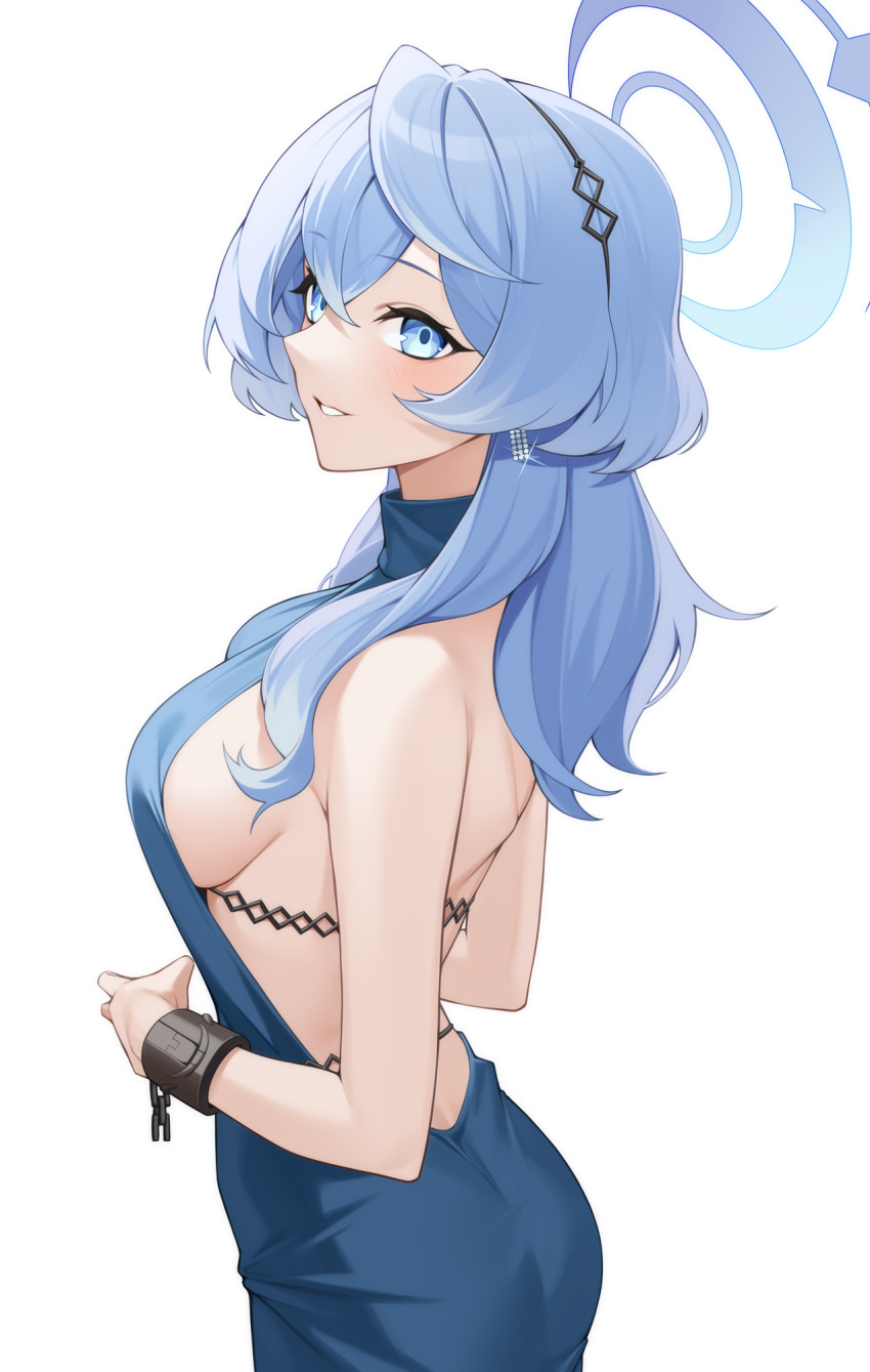 1girl ako_(blue_archive) ako_(dress)_(blue_archive) ass backless_dress backless_outfit bare_arms bare_back bare_shoulders blue_archive blue_dress blue_eyes blue_hair blush breasts chain commentary_request cowboy_shot cuffs dress grin halo highres kuen_(kuennn12) large_breasts long_hair looking_at_viewer official_alternate_costume parted_lips shackles sideboob simple_background sleeveless sleeveless_dress smile solo standing white_background