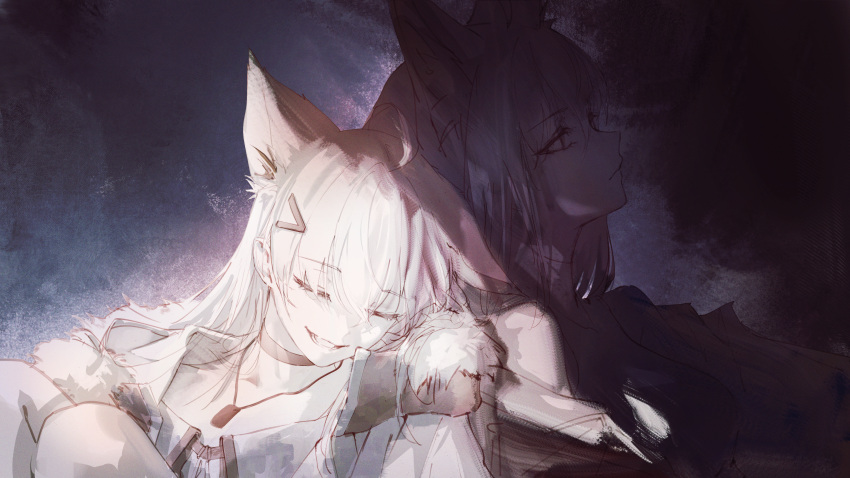 2girls absurdres ahoge animal_ears black_choker choker closed_eyes closed_mouth dog_tags fox_ears fur_trim hair_ornament hairclip highres hololive hyde_(tabakko) knees_up long_hair multiple_girls open_mouth shirakami_fubuki shirakami_fubuki_(fubukitek) white_hair