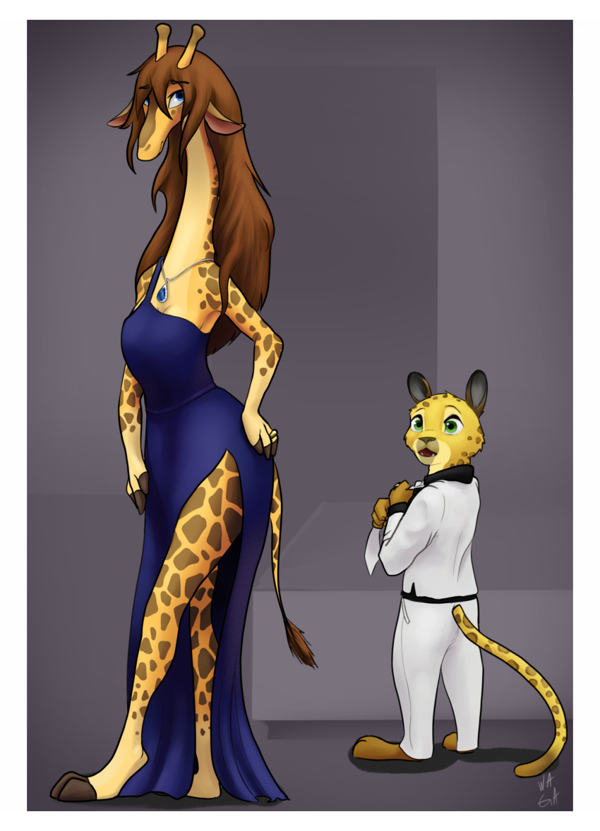 2019 abstract_background anthro barefoot blue_eyes border brown_hair clothed clothing cocktail_dress desmond_(zootopia_fan_character) dipstick_ears dipstick_tail disney dress duo eyebrows_visible_through_hair fan_character felid female fur furgonomics giraffe giraffid green_eyes hair hand_on_hip husband_and_wife jaguar jewelry larger_female male mammal molly_(zootopia_fan_character) multicolored_tail necklace necktie ossicones pantherine ring romantic_couple signature size_difference smaller_male spots spotted_fur standing tail_clothing tail_tuft tuft w4g4 wedding_ring white_border zootopia