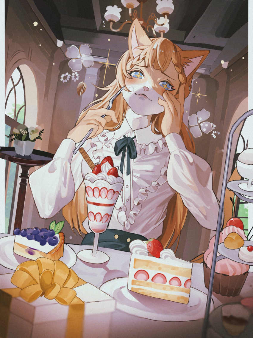 1girl animal_ears blue_eyes border cake cake_slice cat_ears cat_girl cat_nose cupcake dessert food fork frilled_shirt frills furry furry_female gift highres holding holding_fork indoors original plate reo_(mmocc123) shirt sitting smile solo strawberry_shortcake white_border white_shirt window