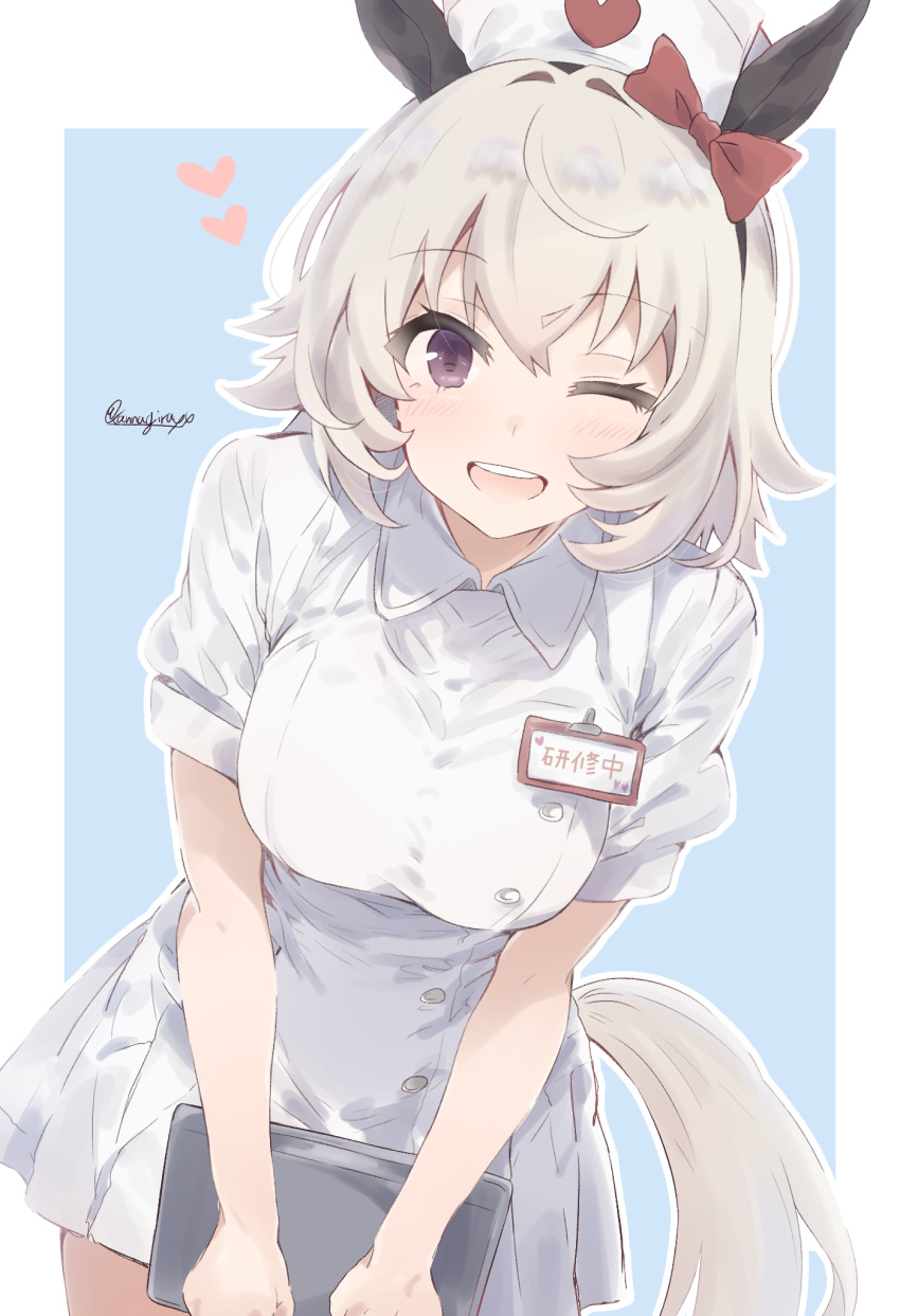 1girl animal_ears curren_chan_(umamusume) dress ear_covers hat highres horse_ears horse_girl horse_tail kannagiray looking_at_viewer nurse nurse_cap one_eye_closed open_mouth puffy_short_sleeves puffy_sleeves purple_eyes short_hair short_sleeves smile solo tail twitter_username umamusume white_dress white_hat