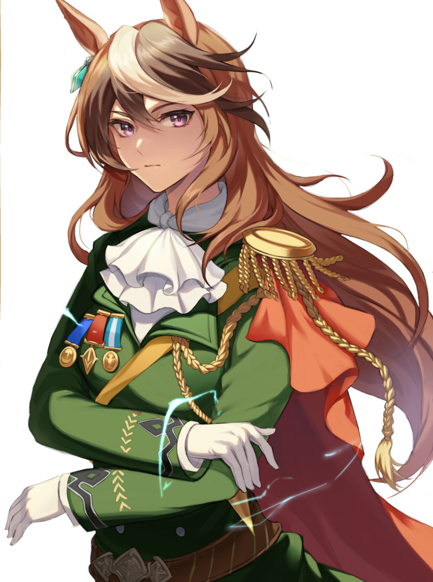 1girl absurdres aiguillette animal_ears brown_hair closed_mouth ear_ornament earrings epaulettes gloves green_jacket hair_between_eyes highres horse_ears horse_girl jacket jewelry long_hair long_sleeves looking_at_viewer medal military_uniform multicolored_hair mungmung purple_eyes simple_background single_earring solo streaked_hair symboli_rudolf_(umamusume) two-tone_hair umamusume uniform upper_body white_background white_gloves white_hair