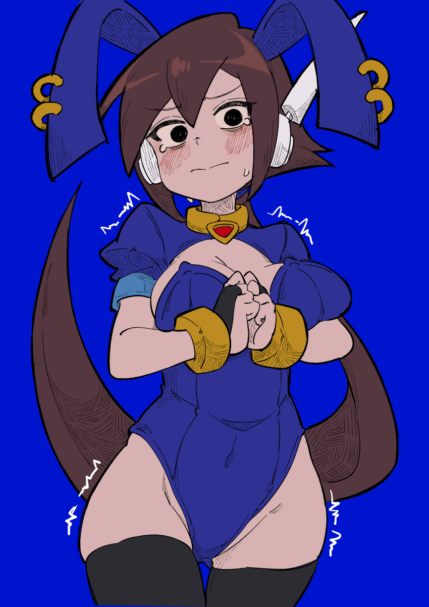 1girl absurdres aile_(mega_man_zx) animal_ears black_eyes black_thighhighs blue_background blue_jacket blue_leotard blush breasts brown_hair buzzlyears cleavage covered_navel cowboy_shot cropped_jacket fake_animal_ears highres jacket large_breasts leotard long_hair mega_man_(series) mega_man_zx mega_man_zx_advent motion_lines playboy_bunny ponytail rabbit_ears robot_ears simple_background solo tears thighhighs trembling