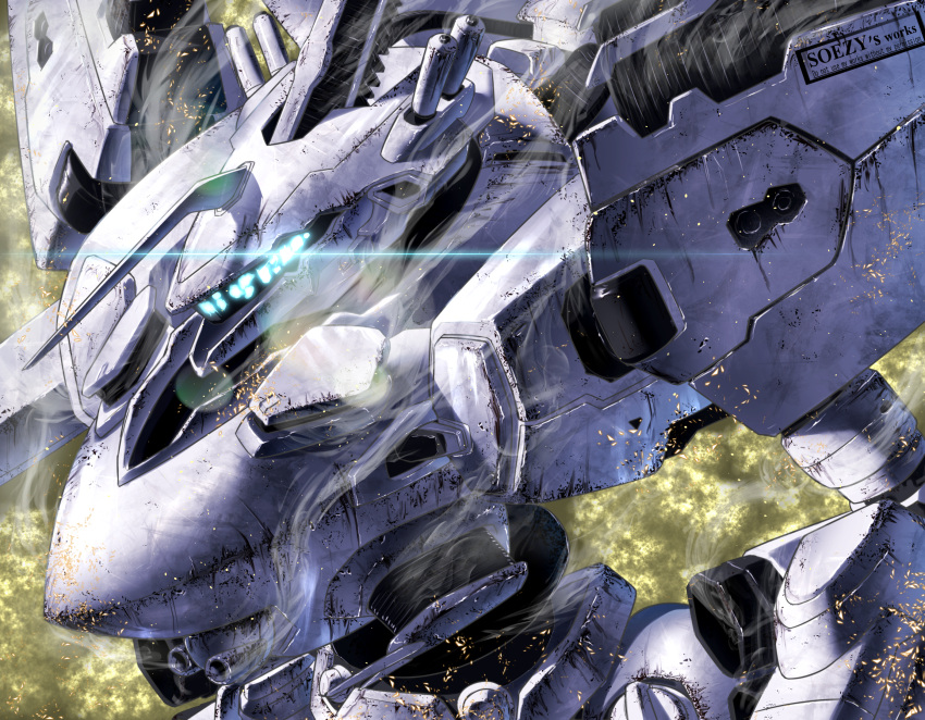 armored_core armored_core:_for_answer assassin_silver blue_eyes glowing glowing_eyes highres horns looking_down mecha mecha_focus no_humans robot science single_horn smoke sparks white_glint