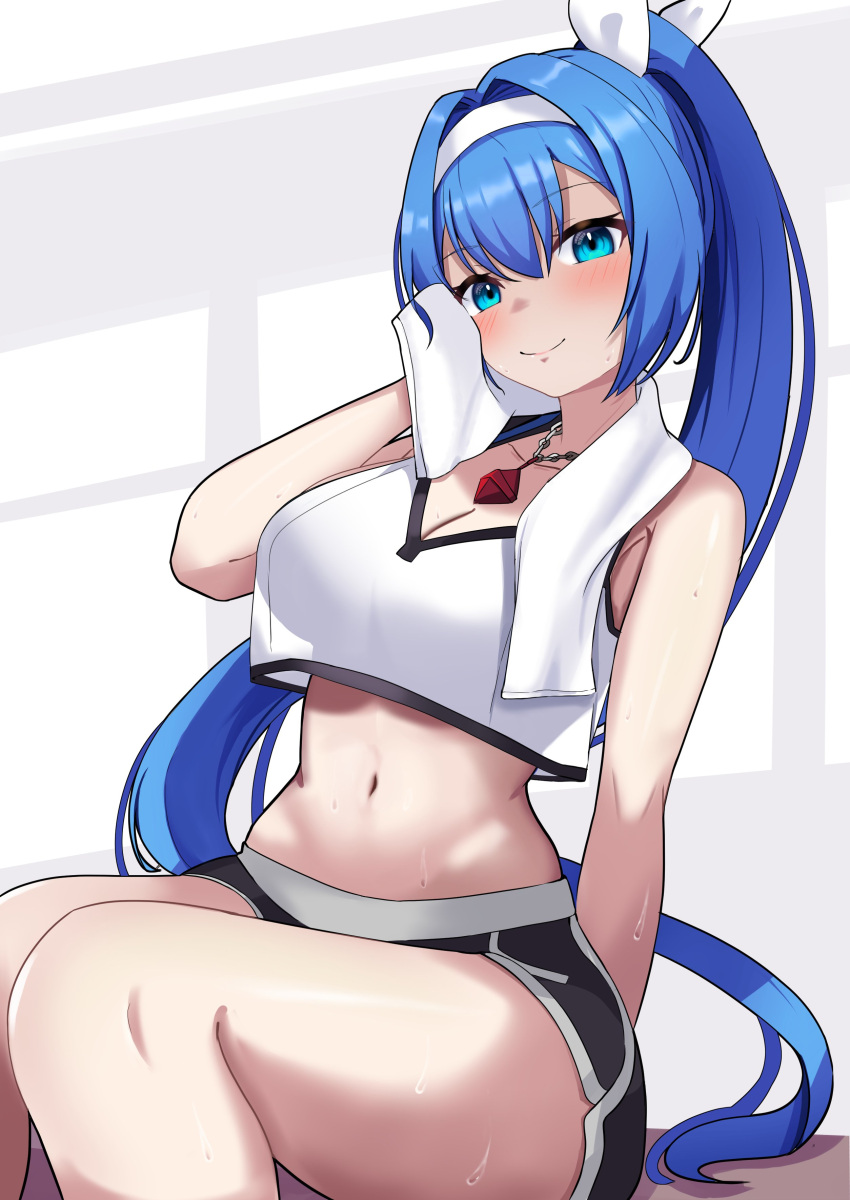 1girl absurdres alyssa_(specktech) black_shorts blue_eyes blue_hair blush closed_mouth crop_top hairband highres long_hair looking_at_viewer midriff navel nise_no_tsubo original ponytail second-party_source shorts simple_background sitting smile solo sports_bra sweat towel towel_around_neck white_background white_hairband white_sports_bra