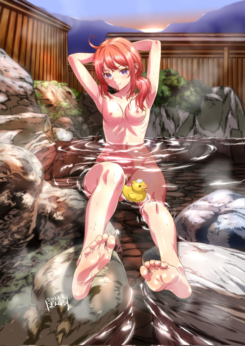 1girl armpits arms_up artist_request bare_arms bare_legs bare_shoulders barefoot bathing bird character_request copyright_request duck feet full_body highres looking_at_viewer navel nipples no_bra no_panties nude onsen ponytail pubic_hair purple_eyes pussy red_hair rock rubber_duck side_ponytail soles wet