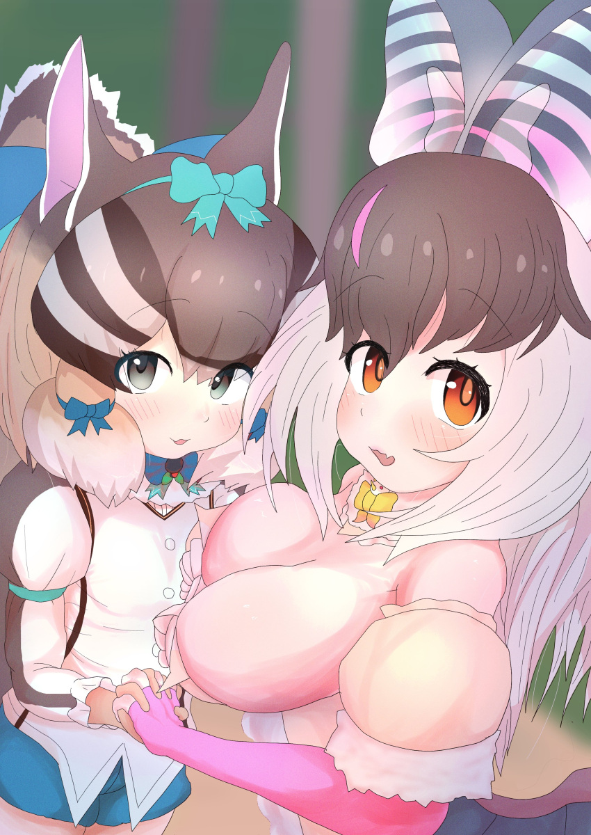 2girls absurdres animal_ears bat_ears bat_girl bat_wings brown_eyes brown_hair brown_long-eared_bat_(kemono_friends) chipmunk_ears chipmunk_girl chipmunk_tail elbow_gloves extra_ears fingerless_gloves gloves grey_hair highres kemono_friends kemono_friends_v_project leotard long_hair looking_at_viewer microphone multiple_girls nekomar_nknk ribbon shirt short_hair shorts siberian_chipmunk_(kemono_friends) simple_background vest virtual_youtuber wings