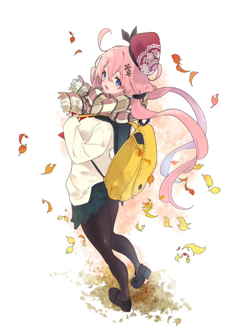 1girl autumn_leaves backpack bag beret black_flower black_footwear black_pantyhose black_scrunchie blue_eyes commentary_request double-parted_bangs floating_hat flower foot_up from_behind full_body green_sailor_collar green_skirt hair_flower hair_ornament hair_scrunchie hamayumiba_sou hat highres holding_strap loafers long_hair long_sleeves looking_at_viewer looking_to_the_side miniskirt neckerchief ochikobore_fruit_tart open_mouth orange_background pantyhose pink_hair plaid plaid_scarf pleated_skirt red_hat red_neckerchief sailor_collar sakura_ino scarf scrunchie shoes side_ahoge skirt sleeves_past_wrists smile solo standing sweater two-tone_background very_long_hair white_background white_sweater yellow_bag