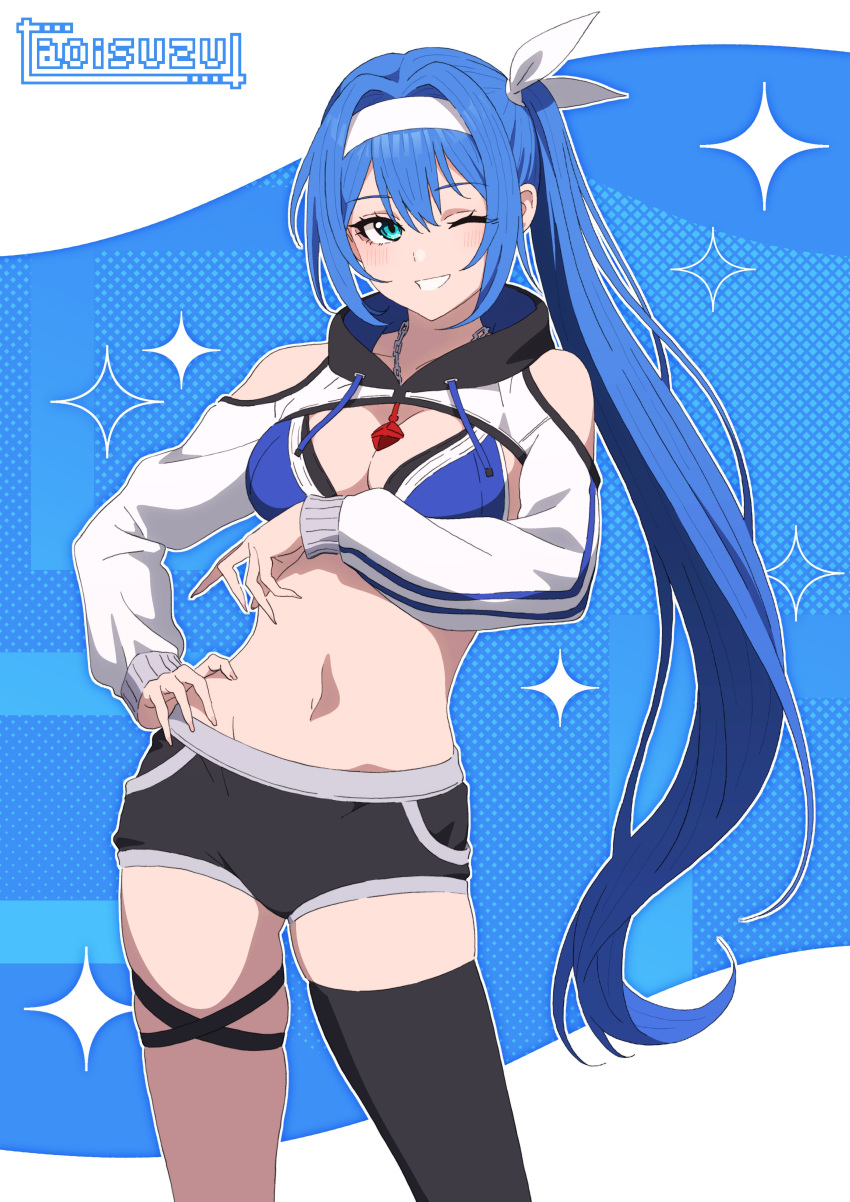 1girl absurdres alyssa_(specktech) aoi_suzu artist_name bikini bikini_top_only black_shorts black_thighhighs blue_background blue_bikini blue_eyes blue_hair blush breasts cleavage clothing_cutout commission cropped_hoodie grin hair_between_eyes hand_on_own_hip highres hood hoodie large_breasts long_hair long_sleeves looking_at_viewer navel one_eye_closed original polka_dot polka_dot_background second-party_source shorts shoulder_cutout single_thighhigh skeb_commission smile solo sparkle_background swimsuit teeth thighhighs watermark