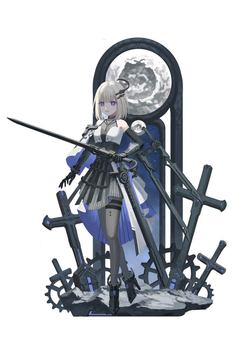1girl bang_dream! bang_dream!_it's_mygo!!!!! black_gloves black_pantyhose black_skirt blonde_hair cape character_name chinese_commentary closed_mouth commentary_request cross elbow_gloves expressionless full_body gears gloves halo high_heels highres holding holding_sword holding_weapon looking_at_viewer mechanical_halo mechanical_hands medium_hair misumi_uika pantyhose purple_eyes simple_background skirt sky solo star_(sky) starry_sky sword thigh_strap weapon white_background white_cape xukong