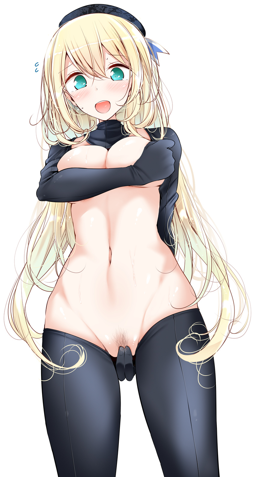 :d absurdres alternate_costume atago_(kantai_collection) bangs beret black_gloves black_hat black_legwear blonde_hair blush breast_hold breasts cleavage covering covering_crotch cowboy_shot detached_collar elbow_gloves eyebrows_visible_through_hair from_below gloves green_eyes groin hat highres huge_filesize inverted_costume kantai_collection large_breasts long_hair looking_at_viewer navel nontraditional_school_swimsuit oouso open_mouth pubic_hair school_swimsuit simple_background smile solo sweat swimsuit topless very_long_hair white_background