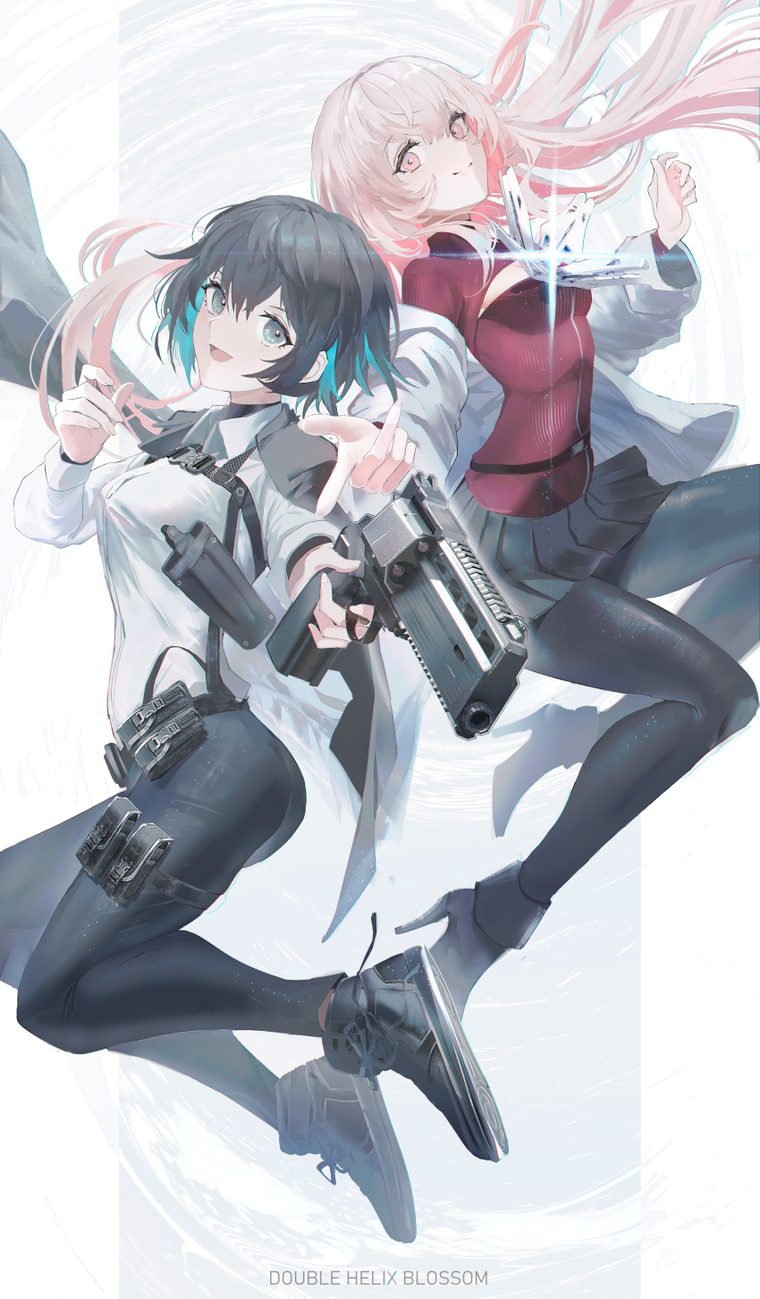 2girls :d absurdres ankle_boots aqua_eyes black_hair black_jacket black_skirt blue_hair boots colored_inner_hair commentary_request copyright_name double_helix_blossom finger_on_trigger gun handgun harness high_heel_boots high_heels highres holding holding_gun holding_weapon jacket jacket_on_shoulders long_hair looking_at_viewer multicolored_hair multiple_girls off_shoulder official_art pants pantyhose pink_eyes pink_hair pouch revolver shinonome_kiku shirt shoes short_hair skirt smile sneakers swav thigh_pouch tsukisagari_kyo two-tone_hair weapon white_shirt