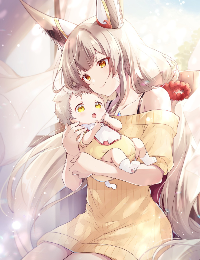 1girl animal_ears baby cat_ears facial_mark grey_hair highres holding_baby long_hair low_twintails mio_(xenoblade) mother_and_child nia_(blade)_(xenoblade) nia_(xenoblade) official_alternate_costume twintails ui_frara very_long_hair xenoblade_chronicles_(series) xenoblade_chronicles_2 xenoblade_chronicles_3 yellow_eyes