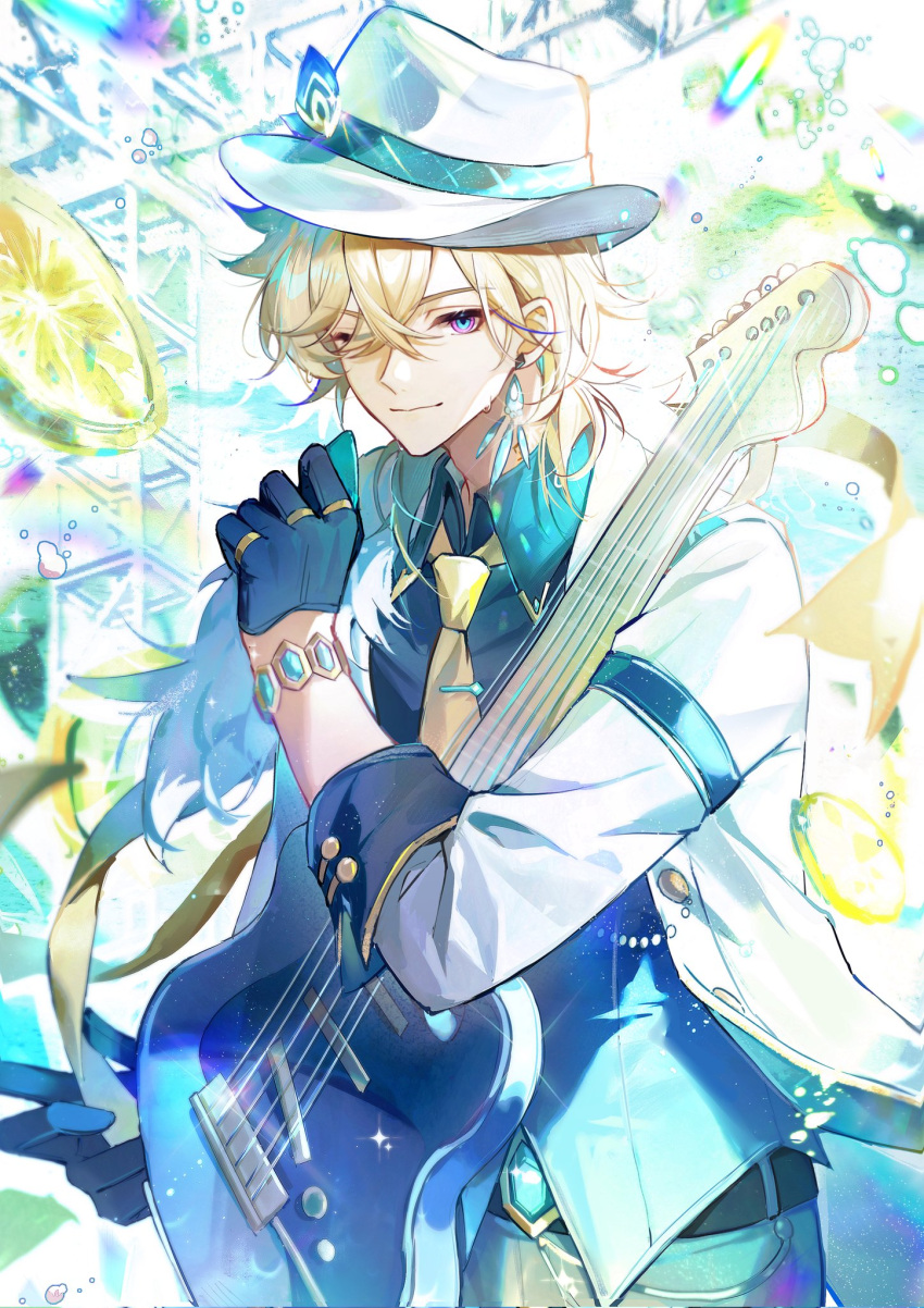 1boy aventurine_(honkai:_star_rail) black_gloves black_shirt blonde_hair bracelet collared_shirt earrings gloves guitar hair_between_eyes hat highres holding holding_guitar holding_instrument honkai:_star_rail honkai_(series) instrument jewelry lizhilv looking_at_viewer male_focus multicolored_eyes necktie official_alternate_costume one_eye_closed shirt solo two-tone_eyes white_hat yellow_necktie