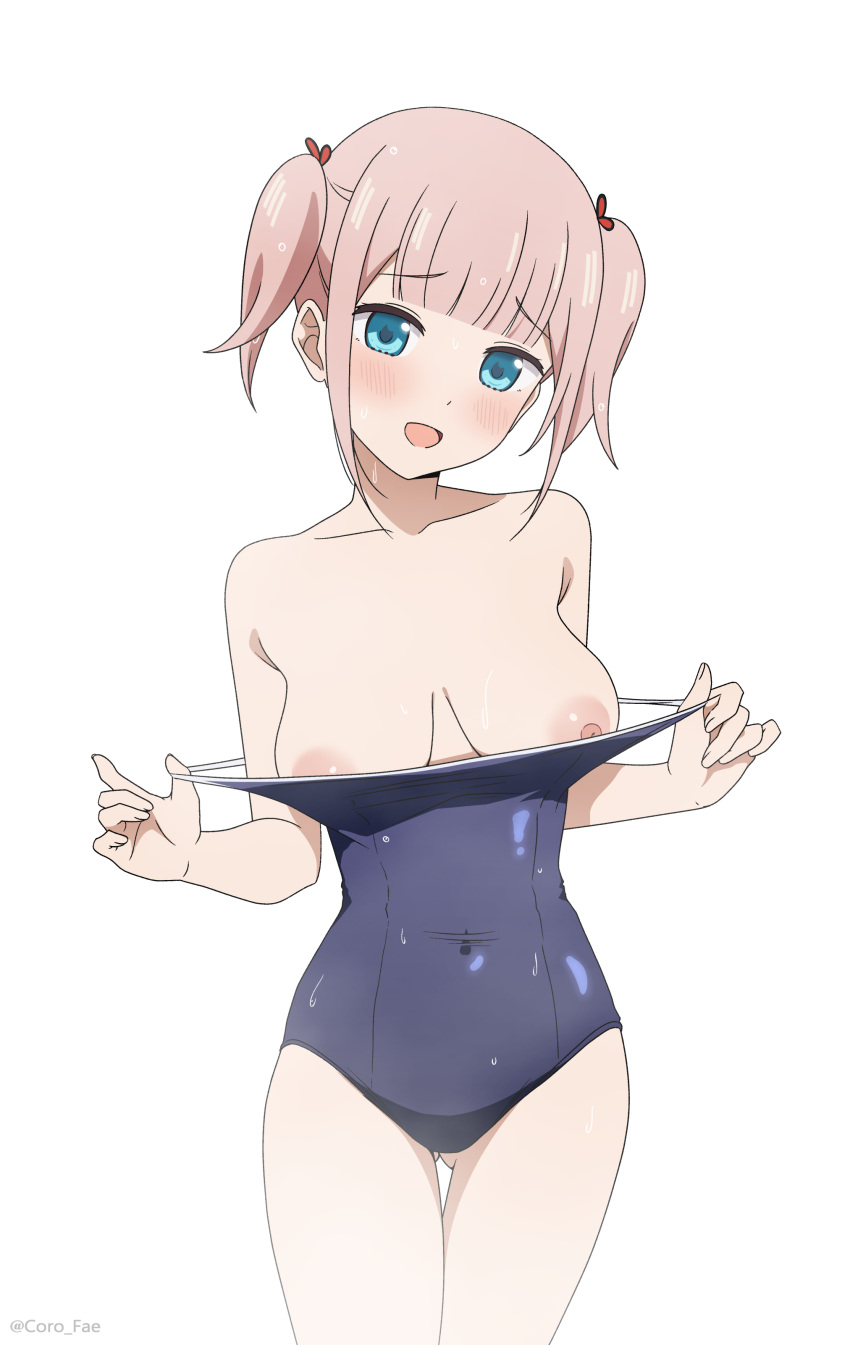 1girl absurdres armpit_crease ass_visible_through_thighs blue_eyes blue_one-piece_swimsuit blunt_bangs blush breasts clothes_pull commentary competition_school_swimsuit coro_fae covered_navel cowboy_shot english_commentary fujiwara_moeha furrowed_brow head_tilt highres kaguya-sama_wa_kokurasetai_~tensai-tachi_no_renai_zunousen~ large_breasts legs_together looking_at_viewer nipples one-piece_swimsuit one-piece_swimsuit_pull open_mouth paid_reward_available pink_hair pulled_by_self school_swimsuit short_hair simple_background smile solo standing swimsuit thigh_gap twintails twitter_username wet wet_clothes wet_swimsuit white_background