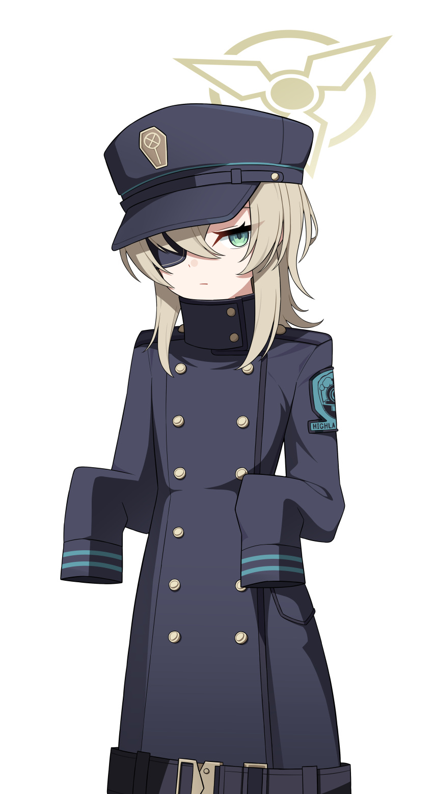 1girl absurdres aged_down belt black_belt black_coat blonde_hair blue_archive blue_eyes buttons closed_mouth coat double-breasted eyepatch hat high_collar highres long_sleeves looking_at_viewer medium_hair nord_(expc4752) oversized_clothes peaked_cap simple_background sleeves_past_fingers sleeves_past_wrists solo suou_(blue_archive) white_background