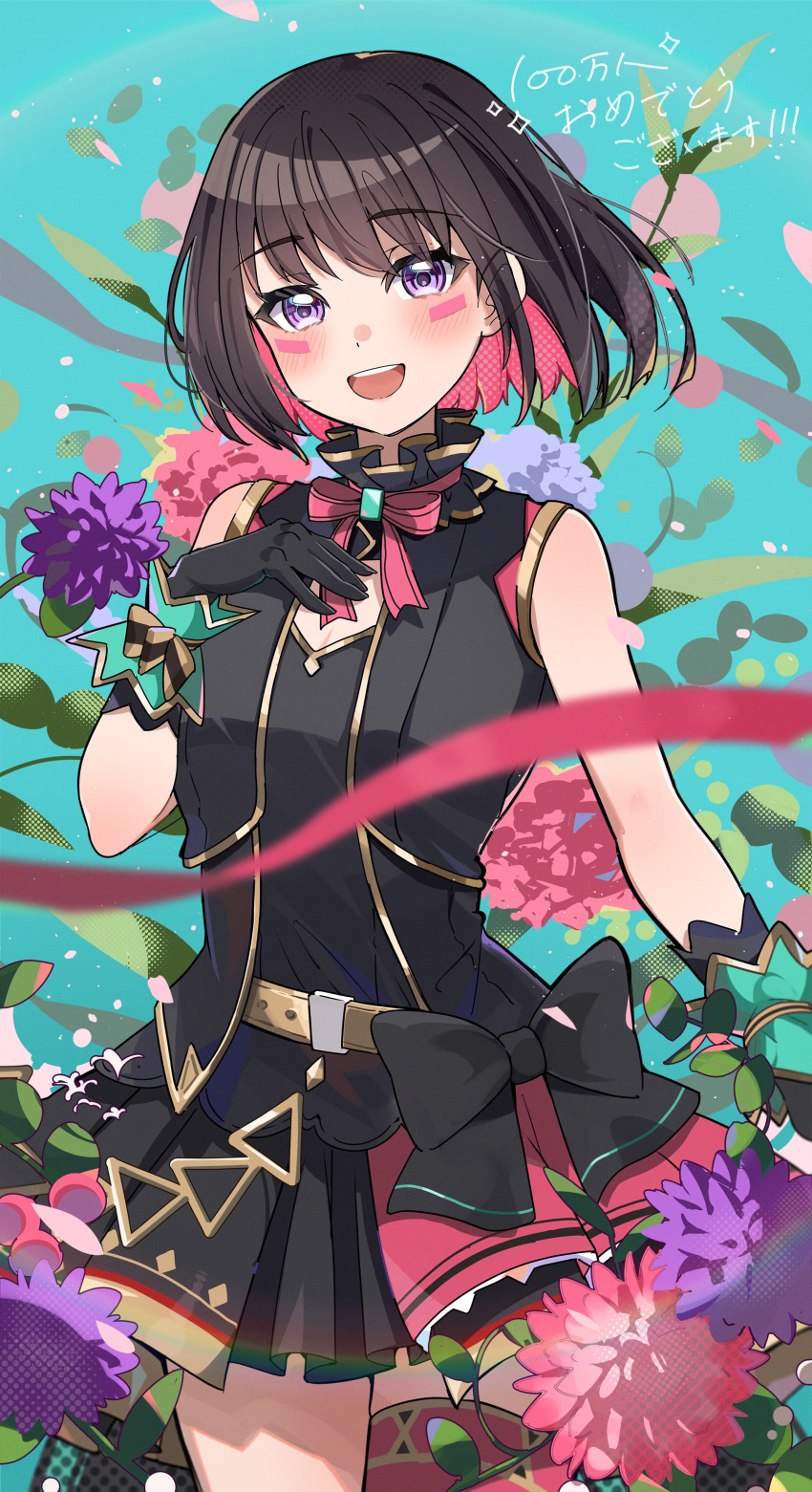 1girl :d absurdres azki_(hololive) black_bow black_gloves black_hair black_jacket black_shirt black_skirt blush bob_cut bow breasts cleavage cleavage_cutout clothing_cutout colored_inner_hair cropped_jacket flower gloves hand_on_own_chest haru_yu highres hololive jacket looking_at_viewer multicolored_hair pink_hair purple_eyes shirt short_hair skirt sleeveless sleeveless_jacket sleeveless_shirt smile solo standing teeth tongue upper_teeth_only virtual_youtuber