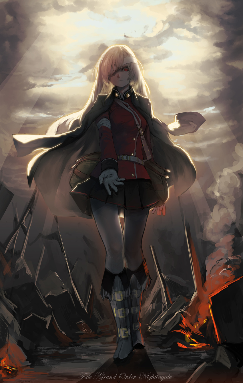 absurdres bag bandaged_arm bandaged_head bandages boots copyright_name fate/grand_order fate_(series) fire florence_nightingale_(fate/grand_order) full_body gloves hair_down hair_over_one_eye heoningu highres jacket_on_shoulders knee_boots light_beam long_sleeves military military_uniform outstretched_hand pantyhose reaching_out red_eyes rubble ruins satchel smoke solo uniform white_hair