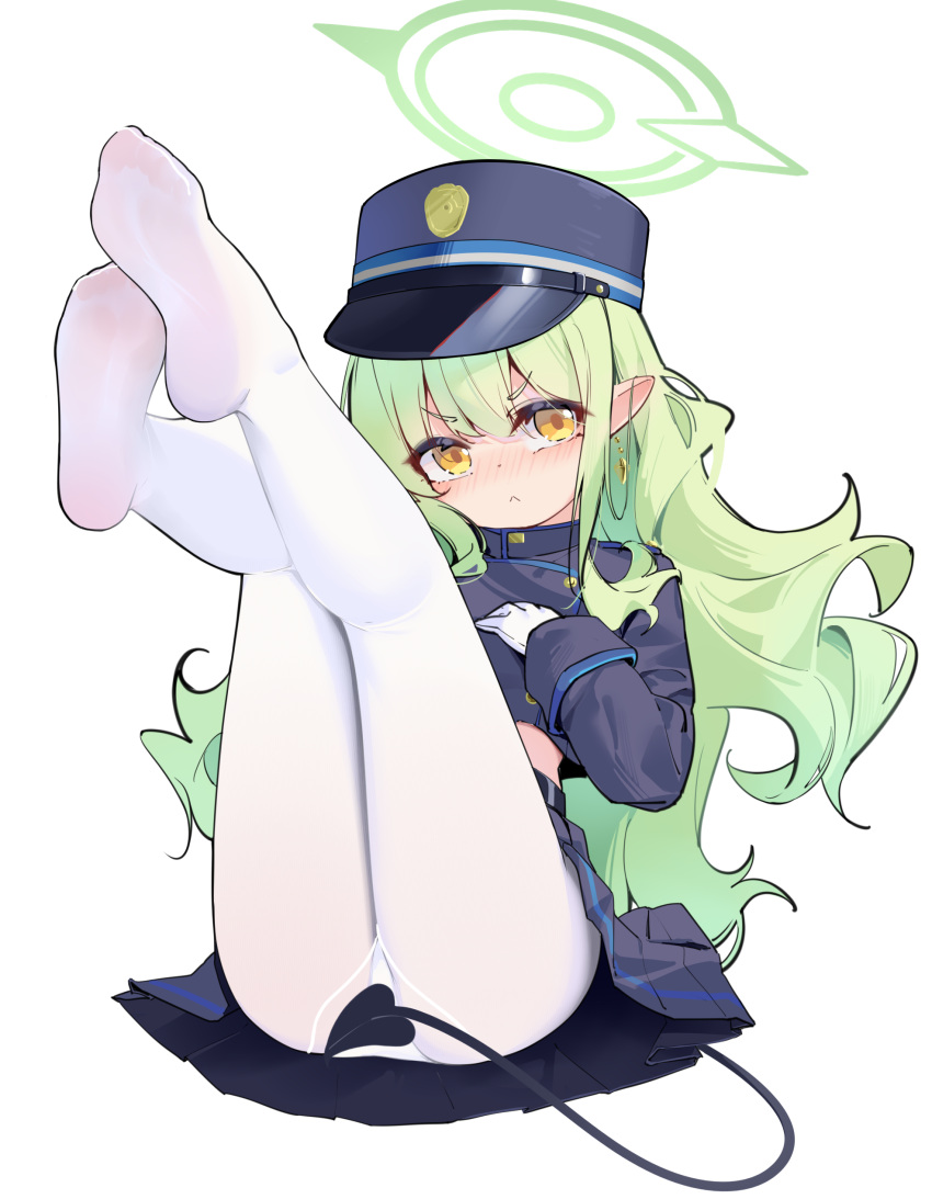 1girl absurdres black_tail blue_archive blush closed_mouth demon_tail earrings feet feet_up full_body gloves green_hair green_halo halo hat highres hikari_(blue_archive) jewelry legs legs_up long_hair long_sleeves looking_at_viewer no_shoes painterliuhao panties panties_under_pantyhose pantyhose peaked_cap pointy_ears simple_background skirt solo tail underwear white_background white_gloves white_panties white_pantyhose yellow_eyes