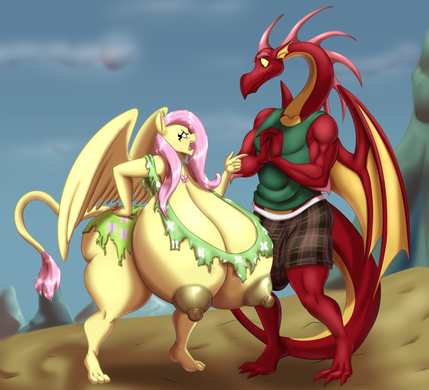 absurd_res anthro anthrofied areola big_breasts biped blues64 breasts bulge detailed_bulge dragon duo equid equine feathers fluttershy_(mlp) friendship_is_magic genital_outline hair hasbro hi_res huge_breasts hyper hyper_breasts mammal marauder6272 membrane_(anatomy) membranous_wings my_little_pony mythological_creature mythological_equine mythological_scalie mythology nipples pegasus penis_outline pink_hair red_body scalie thick_thighs wings yellow_body yellow_feathers