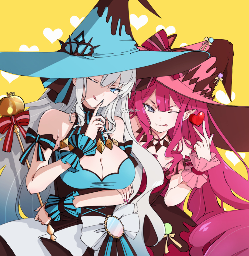 2girls :p :q baobhan_sith_(fate) baobhan_sith_(valentine_witches)_(fate) bare_shoulders blue_dress blue_eyes blue_nails breasts citron80citron cleavage dress fang fate/grand_order fate_(series) grey_eyes hair_ribbon hand_up hat holding holding_wand long_hair morgan_le_fay_(fate) morgan_le_fay_(valentine_witches)_(fate) mother_and_daughter multiple_girls nail_polish one_eye_closed pink_hair pink_nails pointy_ears red_dress ribbon sidelocks signature skin_fang tongue tongue_out upper_body w wand white_hair witch_hat wrist_cuffs yellow_background