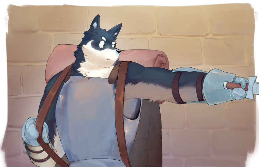 1boy animal_ear_fluff animal_ears armor backpack bag bara black_eyes black_fur body_fur brick_wall brown_background brown_bag closed_mouth dog_boy dog_ears dungeon_meshi english_commentary furry furry_male gauntlets highres holding holding_sword holding_weapon kuro_(dungeon_meshi) looking_to_the_side makfuno male_focus outstretched_arm solo sword upper_body weapon white_fur
