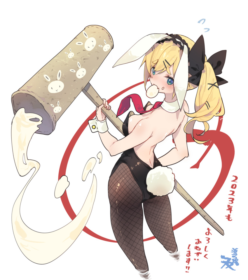 1girl 2023 animal_ears aqua_eyes backless_leotard black_bow black_pantyhose blonde_hair blush bow breasts collar commentary_request fake_animal_ears fake_tail fang fishnet_pantyhose fishnets flying_sweatdrops food food_in_mouth food_on_face from_behind hair_bow hair_ornament hairclip hamayumiba_sou highleg highleg_leotard highres holding holding_mallet leotard looking_at_viewer looking_back maid_headdress mallet medium_breasts mochi mochi_trail mouth_hold necktie nose_blush nukui_hayu ochikobore_fruit_tart pantyhose playboy_bunny rabbit_ears rabbit_tail red_necktie side_ponytail simple_background skin_fang solo strapless strapless_leotard swept_bangs tail thick_eyebrows translation_request two-handed white_background white_collar white_wrist_cuffs wrist_cuffs x_hair_ornament