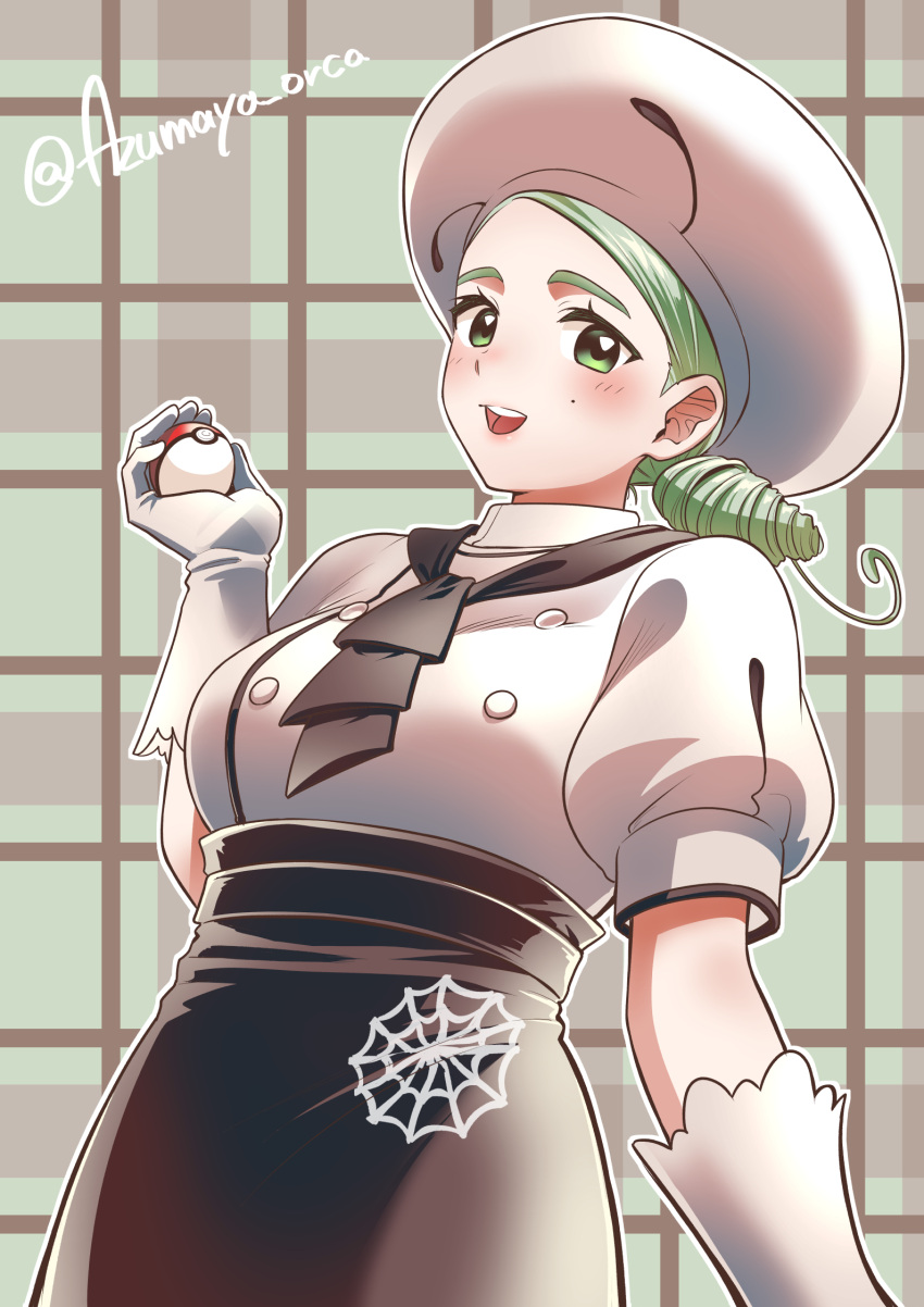 1girl apron ascot breasts brown_apron brown_ascot brown_skirt buttons chef_hat green_eyes green_hair hat highres katy_(pokemon) large_breasts low_side_ponytail mole mole_on_cheek pokemon pokemon_sv puffy_short_sleeves puffy_sleeves short_sleeves skirt solo spider_web_print takase_asuka teeth underbust upper_body upper_teeth_only waist_apron