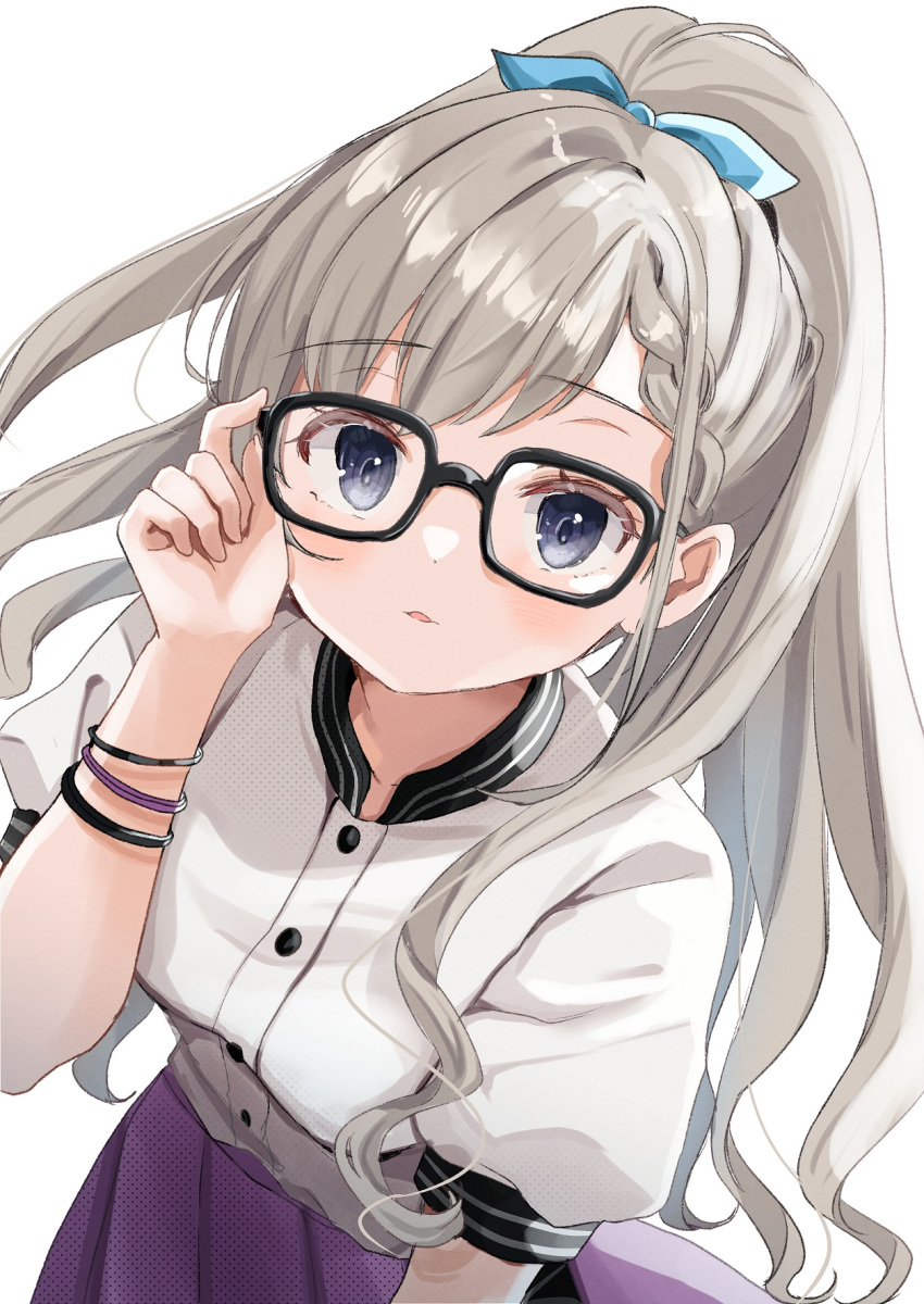 1girl adjusting_eyewear black-framed_eyewear blue_eyes blush bow braid braided_bangs commentary_request glasses grey_hair hair_bow highres hisakawa_hayate idolmaster idolmaster_cinderella_girls long_hair looking_at_viewer multiple_wristbands partial_commentary puffy_short_sleeves puffy_sleeves ribbon rino_cnc short_sleeves solo upper_body white_background