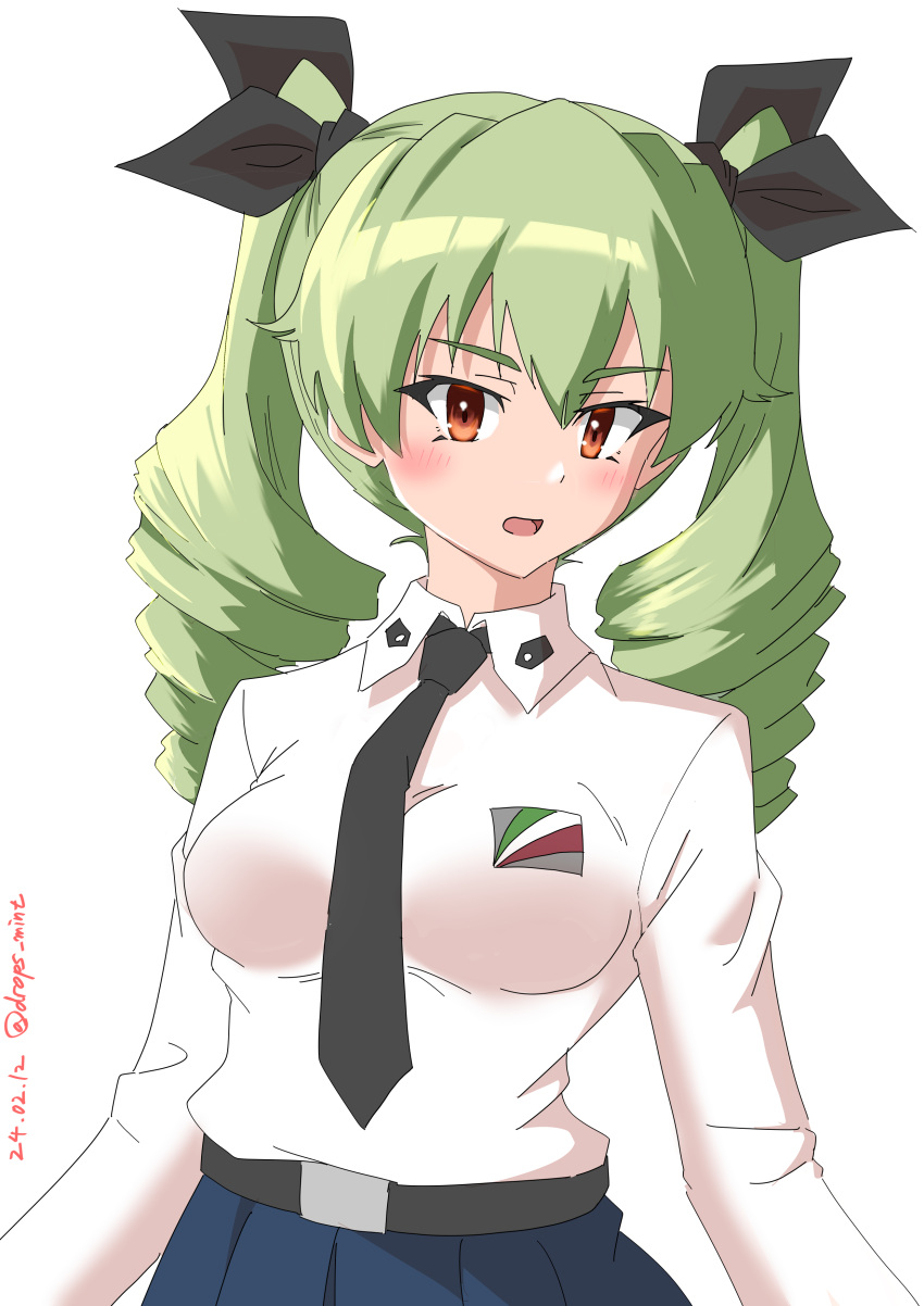 1girl absurdres anchovy_(girls_und_panzer) anzio_school_uniform belt black_belt black_necktie black_ribbon blue_skirt commentary dated dress_shirt drill_hair drops_mint emblem girls_und_panzer green_hair hair_ribbon head_tilt highres long_hair long_sleeves looking_at_viewer necktie open_mouth pleated_skirt red_eyes ribbon school_uniform shirt simple_background skirt solo twin_drills twintails twitter_username white_background white_shirt wing_collar