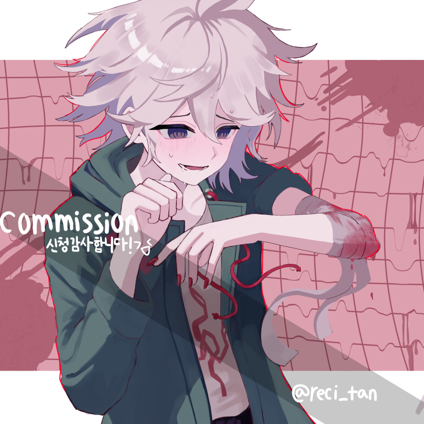 1boy :d absurdres bandaged_arm bandages blood blood_splatter blush citan_(reci_tan) commission danganronpa_(series) danganronpa_2:_goodbye_despair green_jacket grey_hair hair_between_eyes highres hood hood_down jacket komaeda_nagito lower_teeth_only male_focus medium_hair nail_polish open_clothes open_jacket pink_background print_shirt red_nails saliva shirt smile teeth translation_request