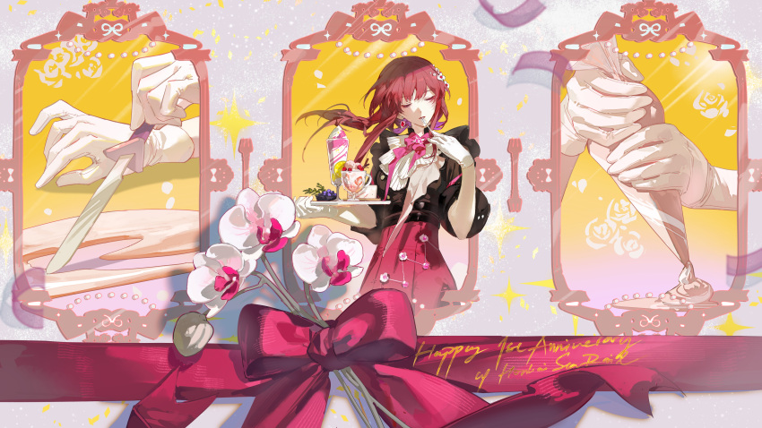 1girl absurdres black_shirt bow cake cherry closed_eyes commentary_request dessert earrings eating english_text flower food fork fruit gloves grapes hair_between_eyes highres holding holding_fork honkai:_star_rail honkai_(series) ice_cream icing jewelry kafka_(honkai:_star_rail) long_hair pastry_bag pink_bow pink_skirt purple_hair rafaelaaa shirt skirt solo sundae tray white_gloves wide_shot